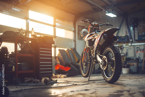 Motocross Bike in a Sunlit Garage Workshop photo