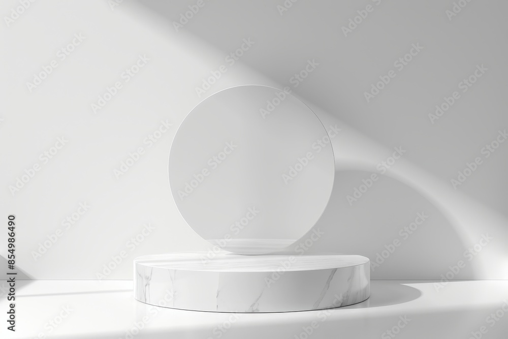 Minimalistic 3D white marble podium background for product showcasing in a studio setup suitable for cosmetics or beauty mockups. Minimalistic 3D white marble podium background for product showcasing in a studio setup suitable for cosmetics or beauty mockups.