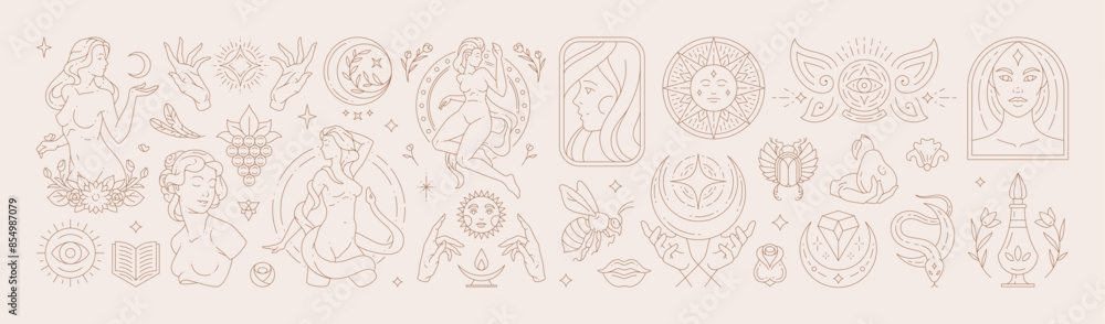 Big set of woman and magic symbols in line art style. Beauty fashion esoteric concepts. Big set of woman and magic symbols in line art style. Beauty fashion esoteric concepts.