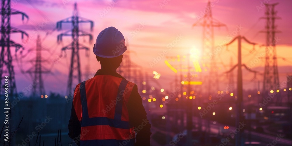 an electrical engineer in a reflective vest, holding a flashlight and inspecting cables, construction site lit up for night work, summer night an electrical engineer in a reflective vest, holding a flashlight and inspecting cables, construction site lit up for night work, summer night