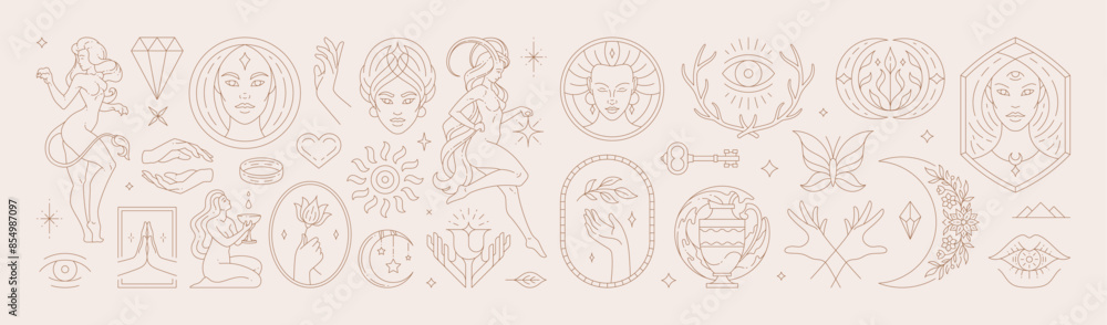 Big set of woman and magic symbols in line art style. Beauty fashion esoteric concepts. Big set of woman and magic symbols in line art style. Beauty fashion esoteric concepts.