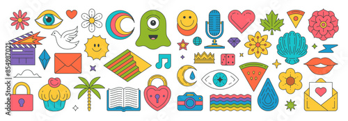 Collection multicolored retro groovy stickers elements decorative design vector illustration