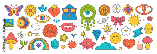 Collection multicolored retro groovy stickers elements decorative design vector illustration