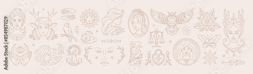 Big set of woman and magic symbols in line art style. Beauty fashion esoteric concepts.