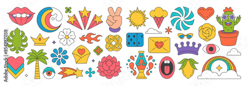Collection multicolored retro groovy stickers elements decorative design vector illustration