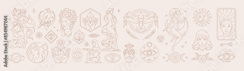 Big set of woman and magic symbols in line art style. Beauty fashion esoteric concepts.