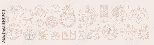 Big set of woman and magic symbols in line art style. Beauty fashion esoteric concepts.
