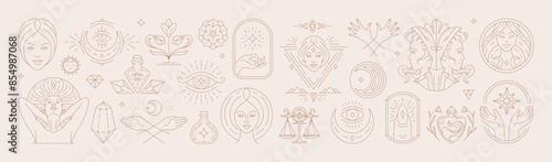 Big set of woman and magic symbols in line art style. Beauty fashion esoteric concepts.