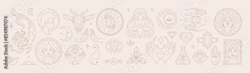 Big set of woman and magic symbols in line art style. Beauty fashion esoteric concepts.