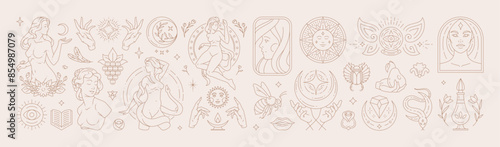 Big set of woman and magic symbols in line art style. Beauty fashion esoteric concepts.