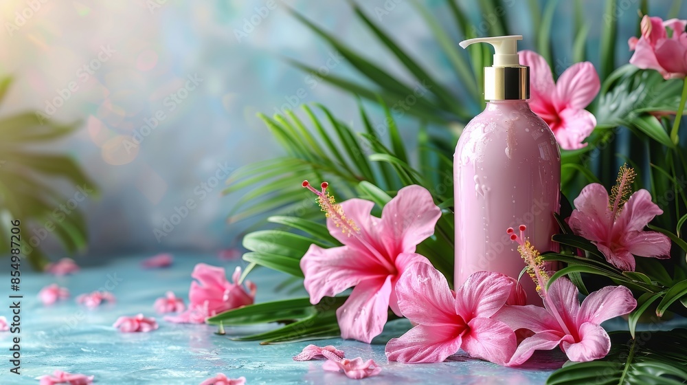 A serene arrangement of vibrant pink hibiscus flowers surrounding a sleek, pink lotion bottle on a refreshing blue surface, evoking a sense of tropical beauty and relaxation A serene arrangement of vibrant pink hibiscus flowers surrounding a sleek, pink lotion bottle on a refreshing blue surface, evoking a sense of tropical beauty and relaxation