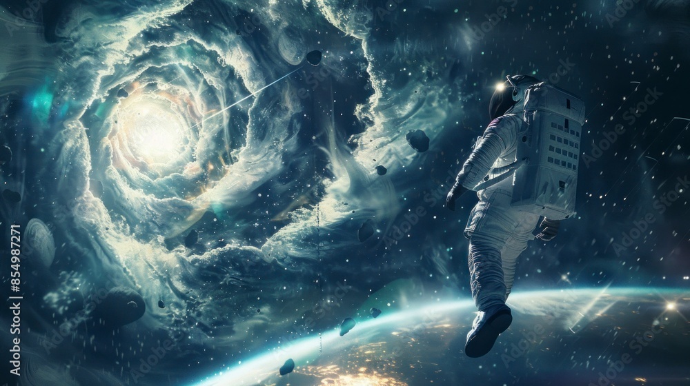 Fototapeta premium astronaut floating in space or falling into a black or worm hole on his back