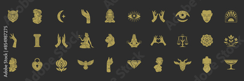 Trendy boho shapes and women illustrations set