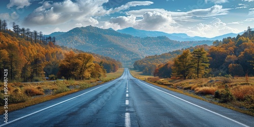 A scenic long and winding road stretching through a picturesque mountainous landscape adorned with vibrant autumn foliage and a brilliant blue sky