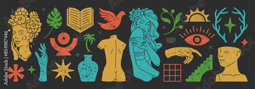 Trendy boho shapes and women illustrations set