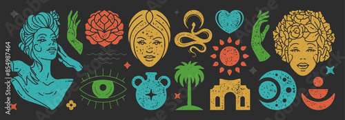 Trendy boho shapes and women illustrations set