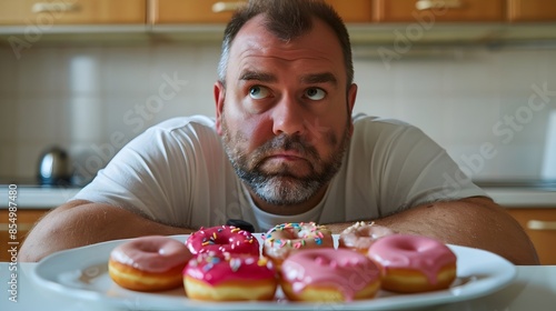 Overweight Man Gazing Longingly at Plate of Donuts in Kitchen photo