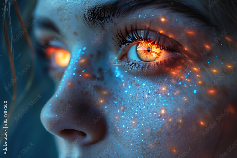 A face with semi-transparent virtual icons and binary code floating in the air A face with semi-transparent virtual icons and binary code floating in the air