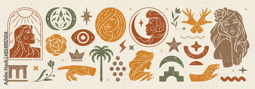 Trendy boho shapes and women illustrations set