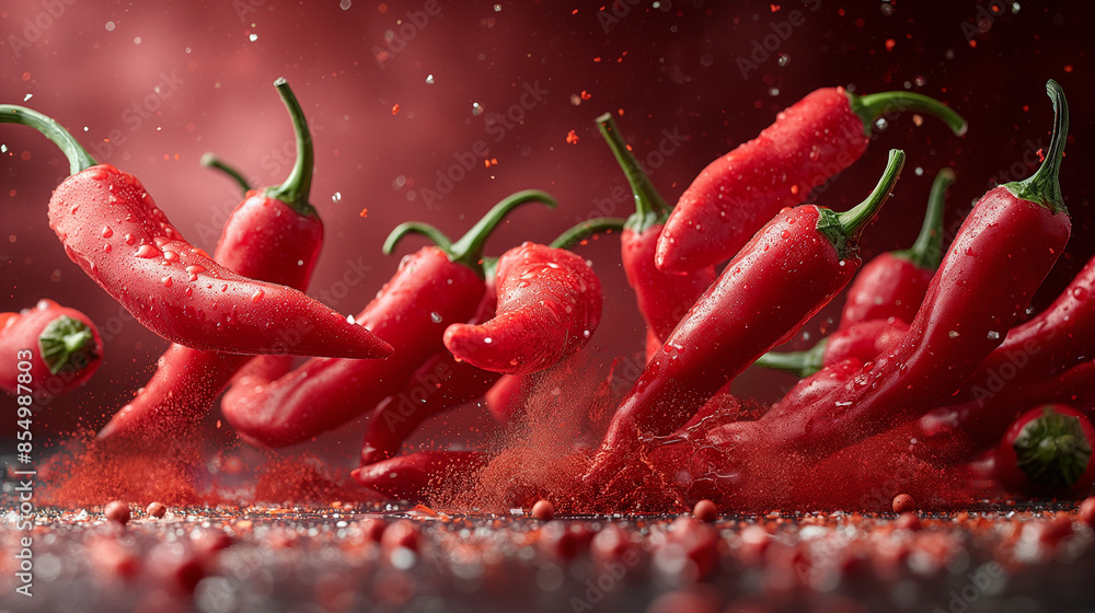 A number of red peppers floating in the air on a red background. A number of red peppers floating in the air on a red background.