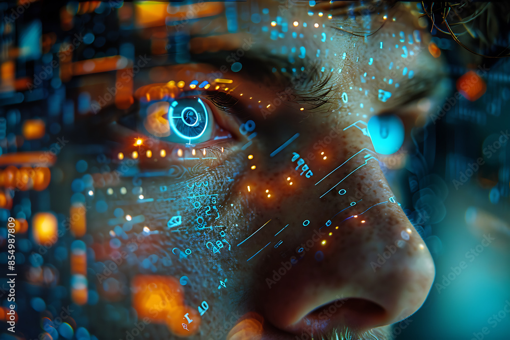 A face with semi-transparent virtual icons and binary code floating in the air A face with semi-transparent virtual icons and binary code floating in the air