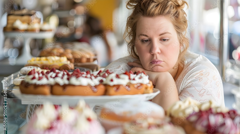 Overweight Woman Gazing at Tempting Bakery Treats,Conflicted Emotions Overweight Woman Gazing at Tempting Bakery Treats,Conflicted Emotions