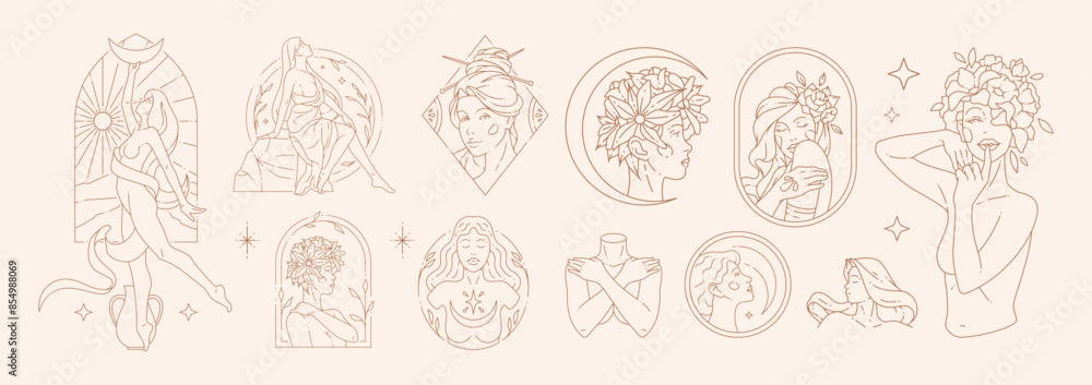 Big set of woman beauty concepts and figures in line art style. Big set of woman beauty concepts and figures in line art style.