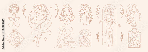 Big set of woman beauty concepts and figures in line art style.