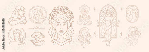Big set of woman beauty concepts and figures in line art style.