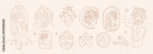 Big set of woman beauty concepts and figures in line art style.