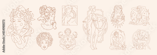 Big set of woman beauty concepts and figures in line art style.