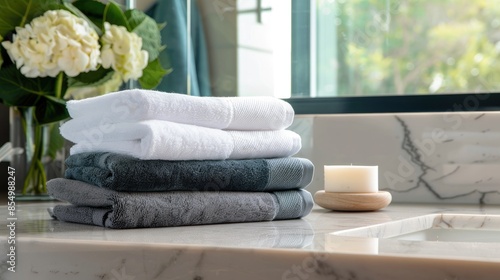 Fresh towels neatly stacked on bathroom table with room available © 2rogan