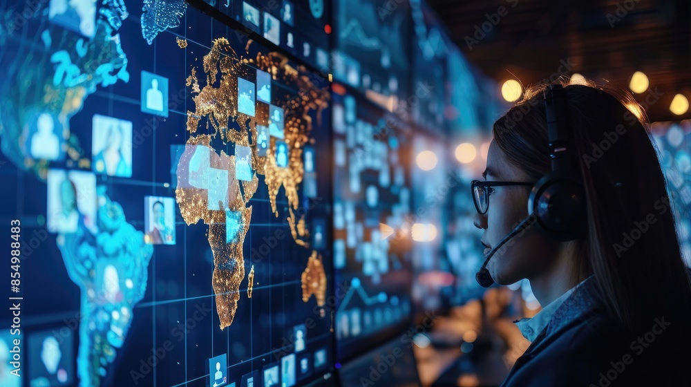 Fototapeta premium A woman wearing a headset looks at a large screen displaying a digital world map with data points.