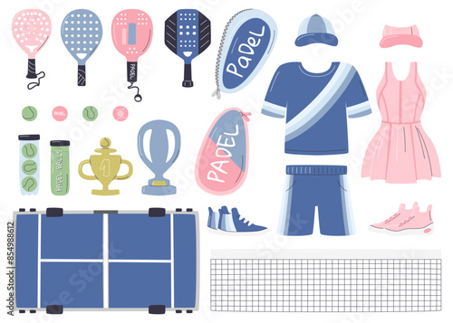 Paddle outdoor couple sport. Professional padel equipment collection with female and male uniforms. Inventory set with differently shaped racquets. Team competition hand drawn flat vector illustration