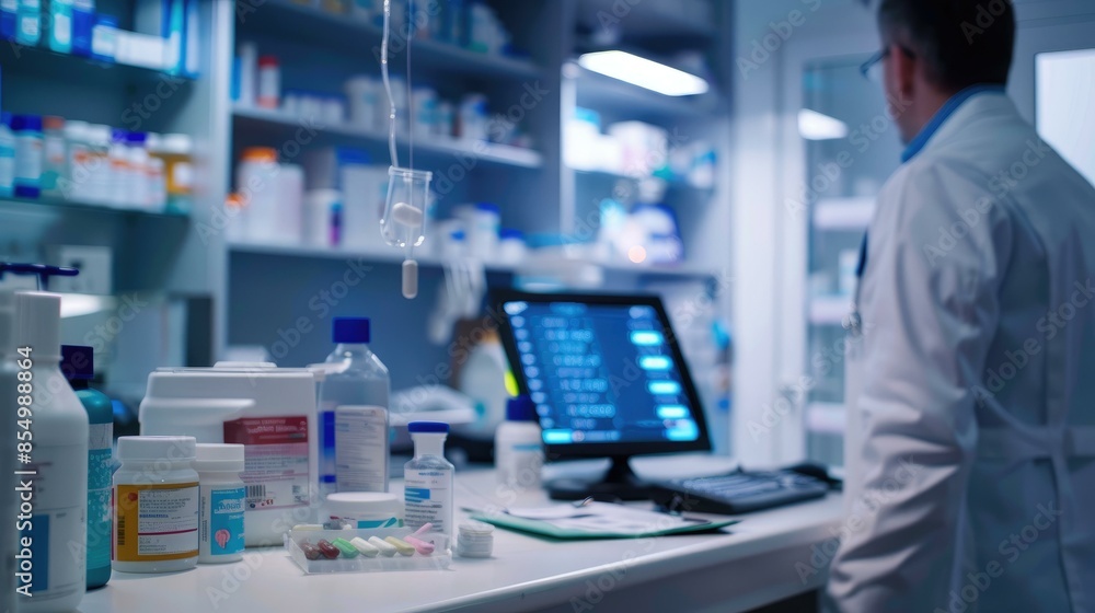 An examination room with a doctor reviewing test results on a digital screen, medical equipment in the background, and various medicines and treatment options displayed An examination room with a doctor reviewing test results on a digital screen, medical equipment in the background, and various medicines and treatment options displayed