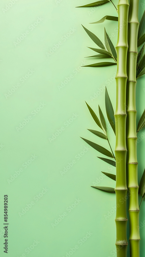 Naklejka premium Bamboo stems and leaves on a green background with copy space