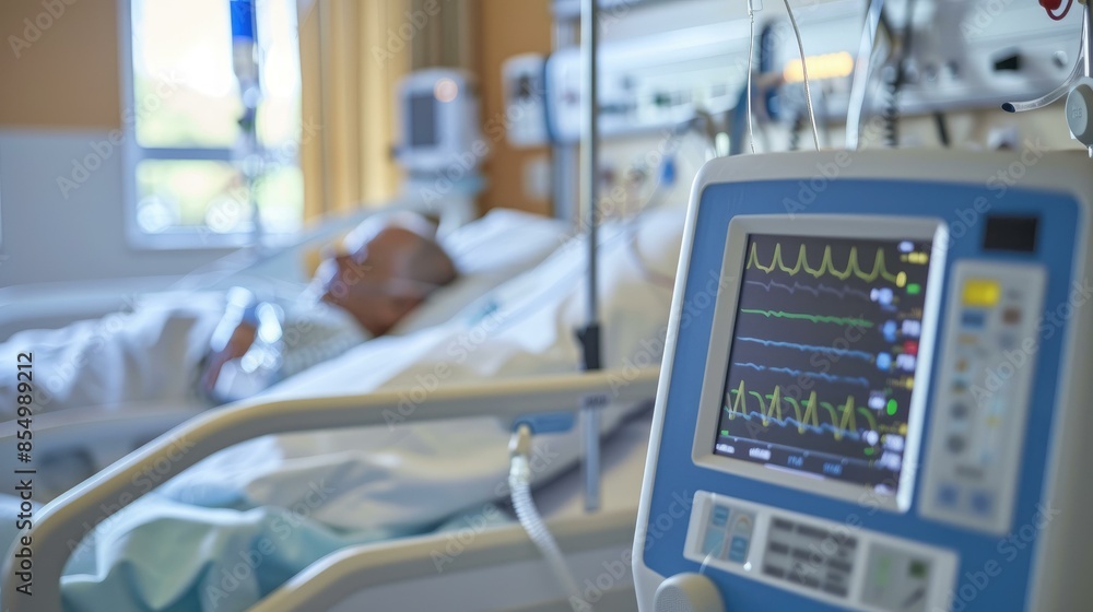 A detailed image of a patient receiving treatment in a hospital bed, with medical equipment and monitoring devices in the foreground, capturing the healthcare process in action A detailed image of a patient receiving treatment in a hospital bed, with medical equipment and monitoring devices in the foreground, capturing the healthcare process in action