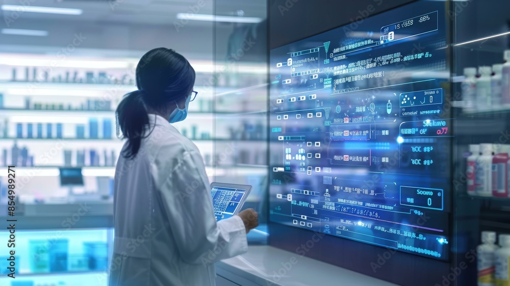 An examination room with a doctor reviewing test results on a digital screen, medical equipment in the background, and various medicines and treatment options displayed An examination room with a doctor reviewing test results on a digital screen, medical equipment in the background, and various medicines and treatment options displayed