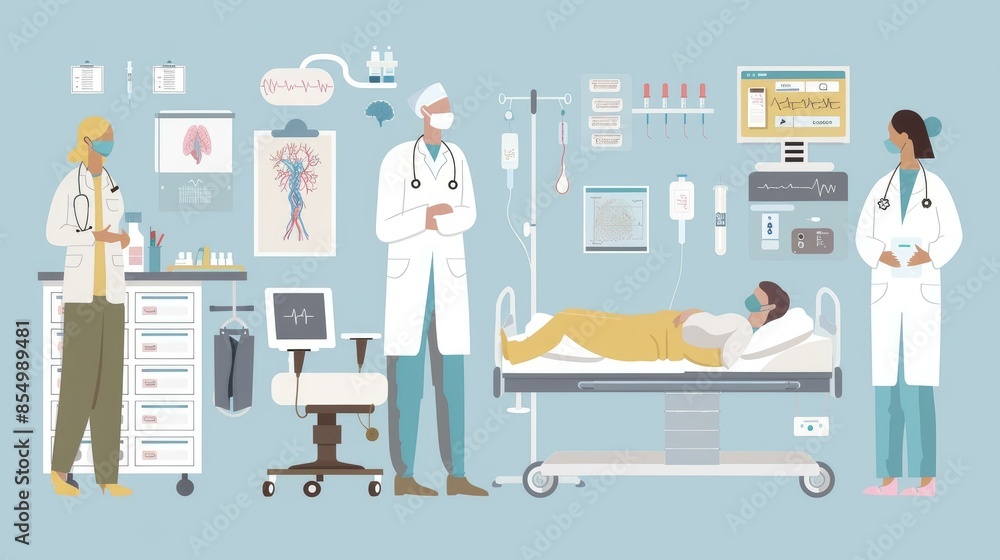 Obraz premium A series of medical illustrations showing the progression of a disease, from initial symptoms to diagnosis and treatment, with detailed depictions of medical equipment and medication options