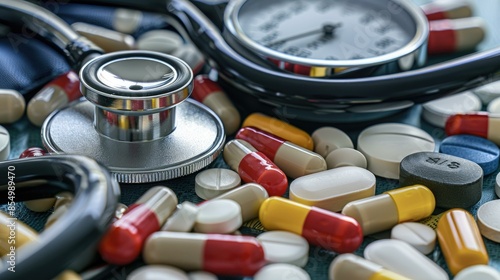 A detailed image of a stethoscope and blood pressure cuff on a medical tray, with various pills and capsules scattered around, symbolizing diagnosis and treatment options