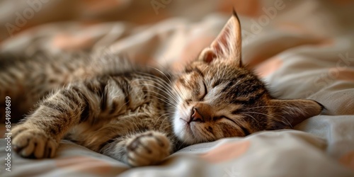 A small, adorable tabby kitten peacefully sleeping on a cozy blanket, capturing the innocence and tranquility of pets in a warm and comforting environment