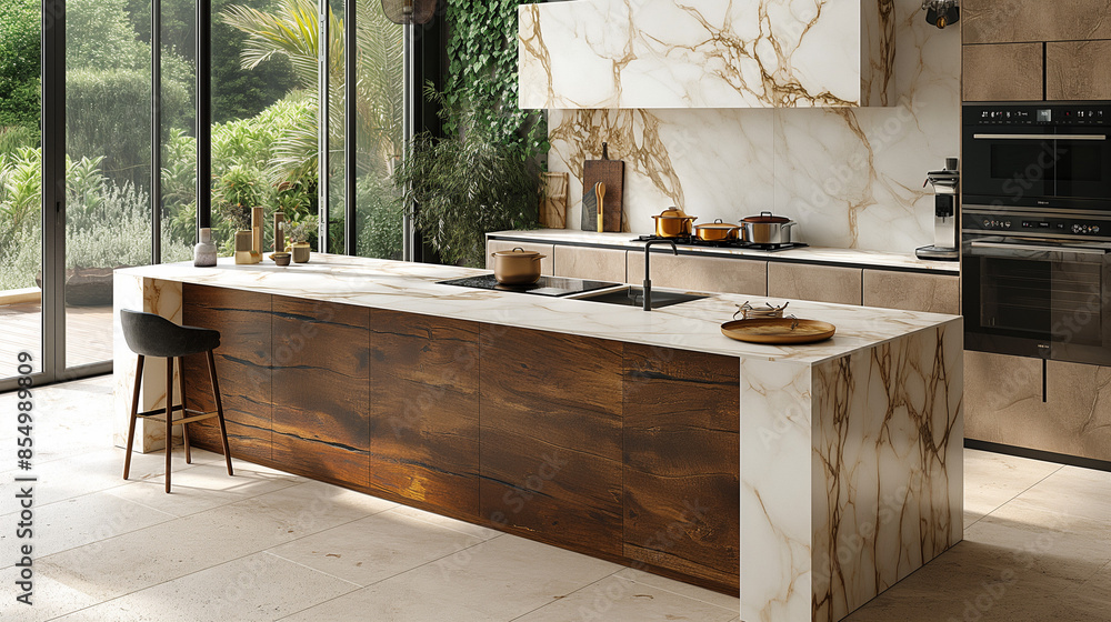 super realistic view of a kitchen island with wood and white marbel and japandi colors like beige cream and brown. super realistic view of a kitchen island with wood and white marbel and japandi colors like beige cream and brown.
