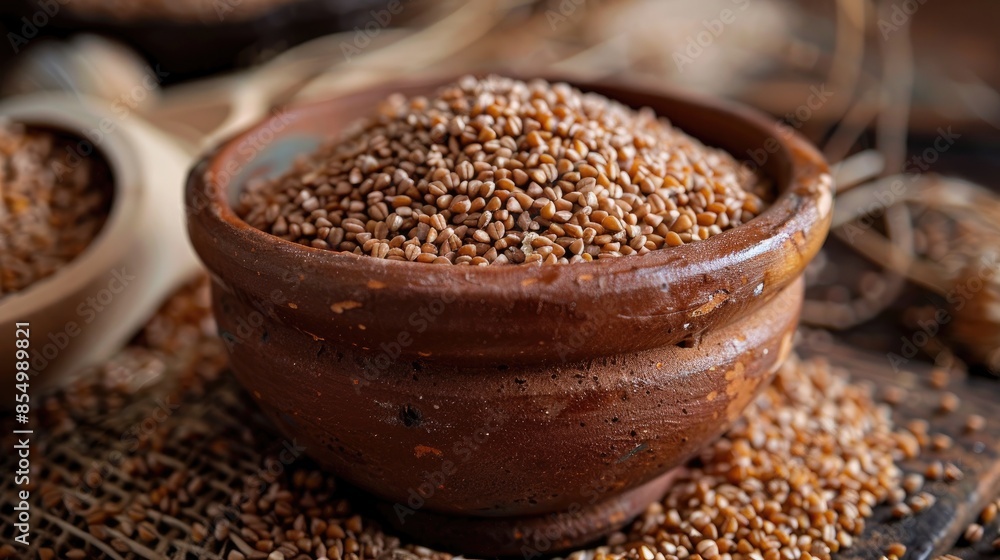 Dry buckwheat in clay bowl for making traditional porridge Dry buckwheat in clay bowl for making traditional porridge