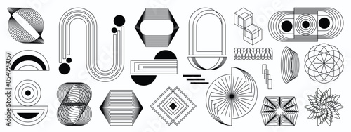 Hand drawn abstract minimal element mid century vector set. Aesthetic contemporary stripe line art, geometric shape in monochrome. Art form design for wall art, decoration, wallpaper.