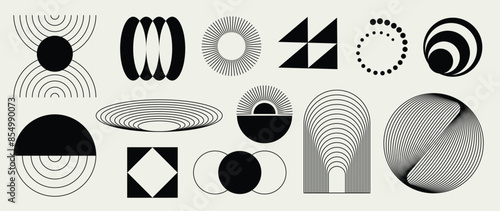 Hand drawn abstract minimal element mid century vector set. Aesthetic contemporary stripe line art, geometric shape in monochrome. Art form design for wall art, decoration, wallpaper.