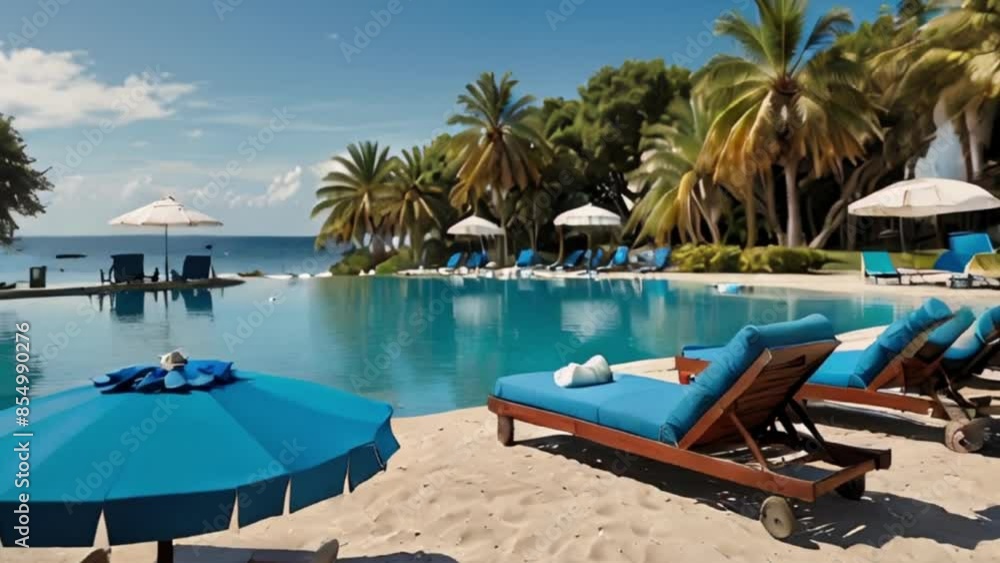 Tropical Resort Pool with Loungers, Umbrellas, and Ocean View Tropical Resort Pool with Loungers, Umbrellas, and Ocean View