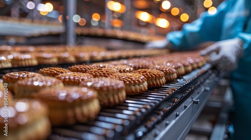A close-up view of a conveyor belt featuring rows of shiny glazed pastries as they move through an industrial baking process. Workers in hygienic clothing are seen in the background