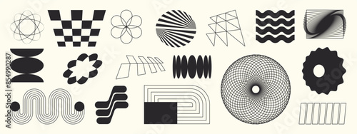 Hand drawn abstract minimal element mid century vector set. Aesthetic contemporary stripe line art, geometric shape in monochrome. Art form design for wall art, decoration, wallpaper.