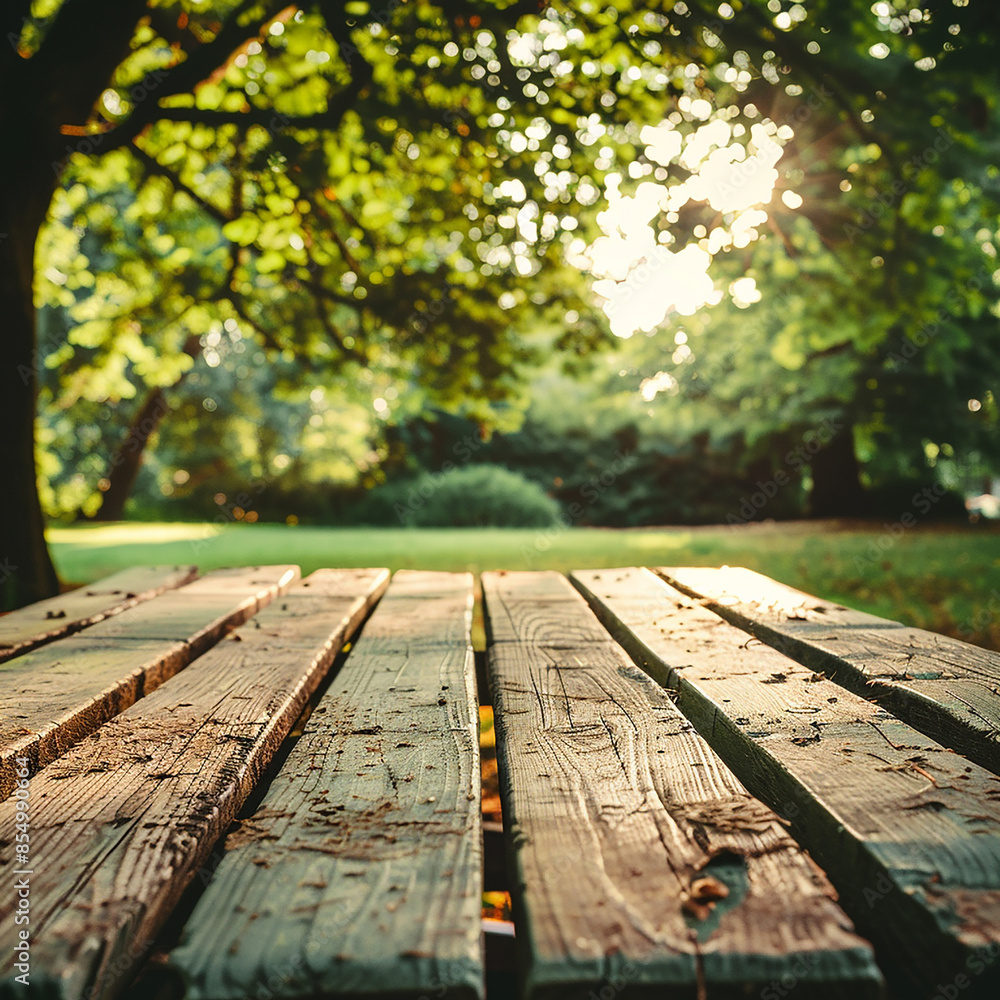 wooden table Close up with blurry trees generated.AI wooden table Close up with blurry trees generated.AI
