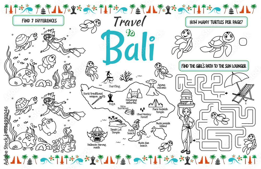 A fun placemat for kids. Printable “Travel to Bali” activity sheet with a labyrinth and find the differences. 17x11 inch printable vector file A fun placemat for kids. Printable “Travel to Bali” activity sheet with a labyrinth and find the differences. 17x11 inch printable vector file